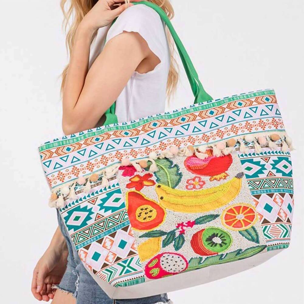 NEW 3AM BY H&D ACCESSORIES women's fruit boho print pom pom fringe tote bag in m
